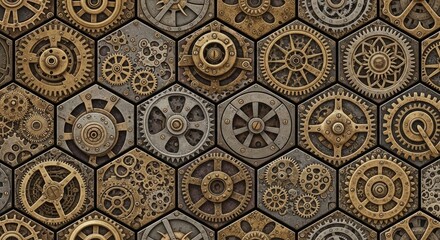 Steampunk Gears Cogs Honeycomb Seamless Pattern Clockwork Industrial Fantasy Theme Design