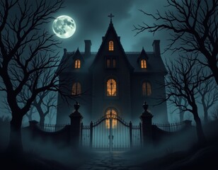 mansion silhouette surrounded by fog, twisted branches casting shadows on walls, broken windows and gates, moonlight reflecting off surfaces, dark and spooky haunted scene