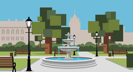 Serene park scene with a tiered fountain, benches, and vintage lampposts