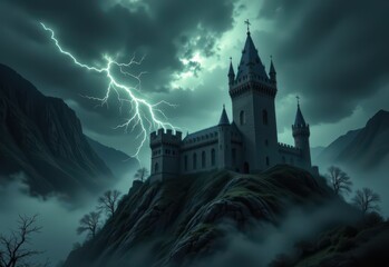 haunted castle silhouetted against stormy clouds, jagged towers casting shadows, lightning striking cliff, fog curling through courtyard, dark suspenseful haunted mood