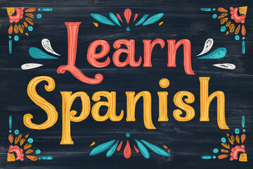 Fototapeta premium Bright educational poster promoting language learning by encouraging learners to engage with the Spanish language through fun and colorful design