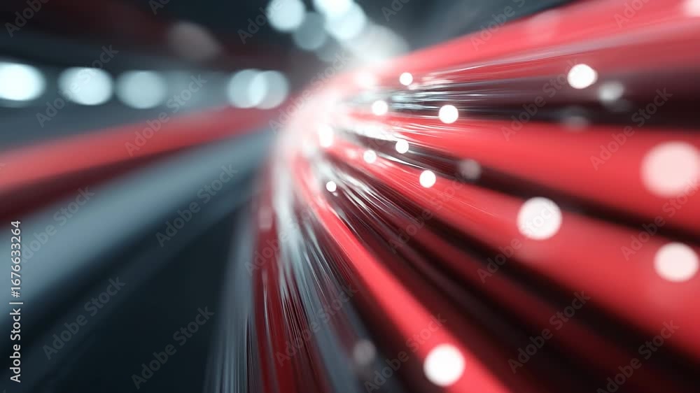 Poster visual exploration of dynamic red and silver light trails creating a mesmerizing abstract experience