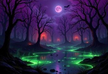 haunted swamp, glowing green water, twisted black trees, dark purple fog, orange highlights from lanterns, eerie reflections, cinematic lighting, halloween horror mood.