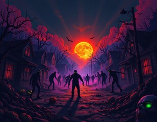 zombie outbreak in abandoned town, orange sunset, black streets, purple mist, glowing green eyes of zombies, cinematic shadows, scary but visually attractive halloween illustration.