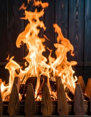 Burning wood fire in a wooden fireplace