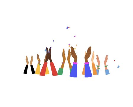 Diverse Hands Clapping with Colorful Confetti on White Background, Celebrating Success and Achievement