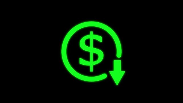 Money reduction icon. Dollar currency price drop concept. circle with down arrow moving animation. dollar down icon symbol. Money reduction icon. circle with down arrow moving animation.