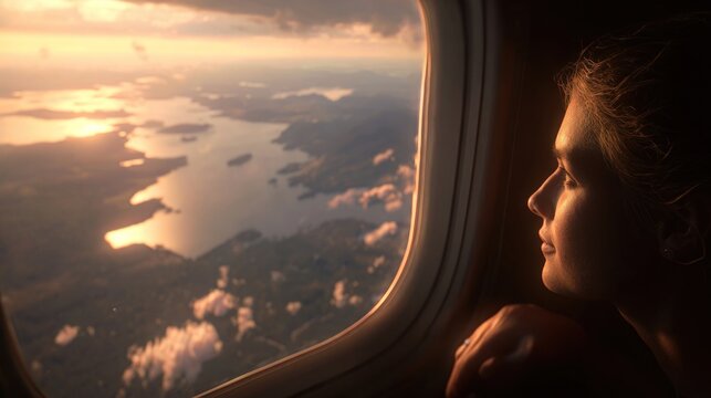 Smiling woman looking out airplane window at sunset over islands and ocean, golden light reflecting on water