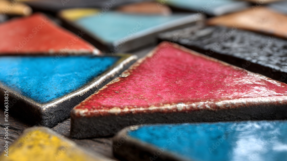 Poster close-up view of vibrant, triangular ceramic tiles arranged in a mosaic pattern, displaying a range 