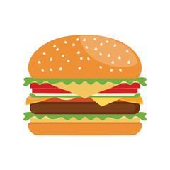 Delicious layered burger with sesame seed bun and fresh ingredients hamburger food