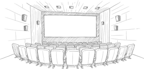 A sketch of a movie theater with rows of chairs and a large screen on transparent background