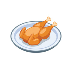 Golden roasted chicken on a blue and white plate poultry cooked food