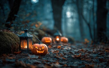 Naklejka premium A Spooky Halloween Scene Featuring Glowing Jack-o'-Lanterns and Eerie Lanterns Amidst a Foggy Forest Filled with Fallen Leaves