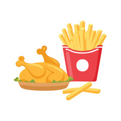 Golden roasted chicken with french fries food meal