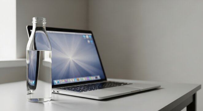 Clear glass bottle of water next to open silver laptop on a light gray desk water bottle clear liquid