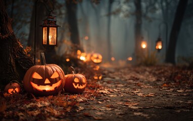 Eerie Halloween Scene Featuring Glowing Jack-o'-Lanterns Luminating a Foggy Forest Pathway with Lanterns and Fallen Leaves