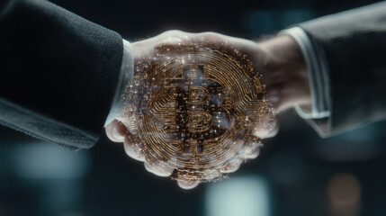 Two people shaking hands with holographic bitcoin symbol between them