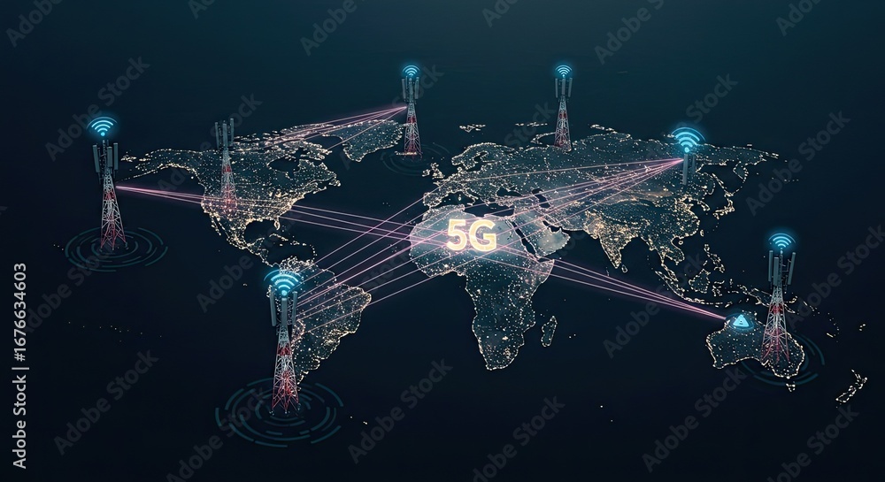 Poster global 5g network expansion connecting continents with advanced communication towers illuminating th