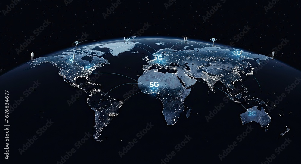 Poster global 5g network connectivity illuminated across earth's continents, showcasing advanced wireless t