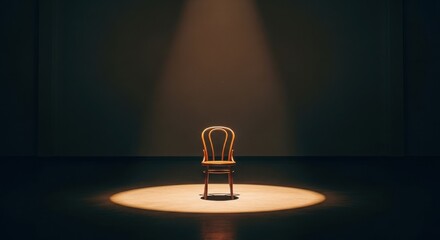 Single wooden bentwood chair illuminated by spotlight on dark stage empty