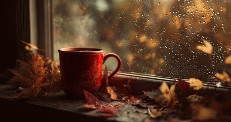 Cozy autumn scene with red mug on windowsill on a rainy day
