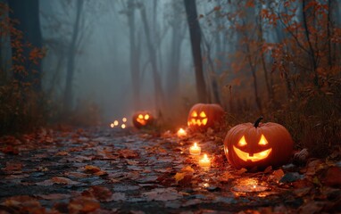 Enchanting Halloween Night: A Spooky Pathway Illuminated by Glowing Jack-o'-Lanterns Amidst Autumn Leaves and a Mysterious Fog