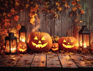 Obraz premium A Festive Halloween Display Featuring Glowing Jack-o'-Lanterns Surrounded by Autumn Leaves and Lanterns Against a Rustic Background