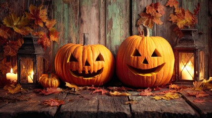 A Festive Autumn Display Featuring Jack-o'-Lanterns, Colorful Leaves, and Rustic Lanterns for a Spooky Halloween Ambiance
