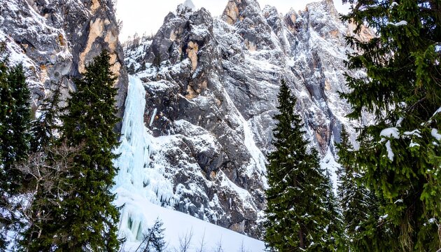 Frozen waterfall cascading down rugged snow-covered mountain cliffs surrounded by evergreen trees in a dramatic alpine winter landscape