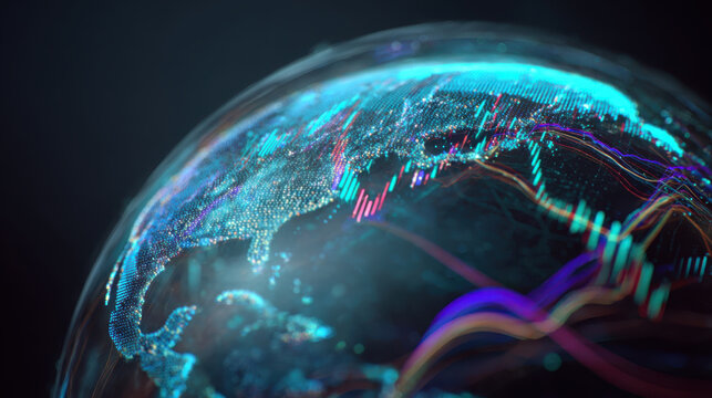 Futuristic hologram globe with financial data streams - Powered by Adobe