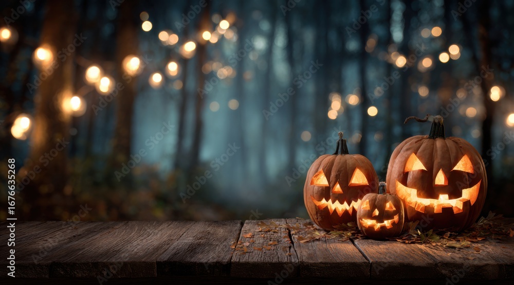 Poster A Spooky Halloween Scene with Carved Jack-o'-Lanterns Displayed on a Rustic Wooden Table in an Enchanted Forest with Twinkling Lights