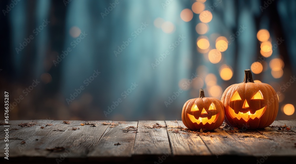 Poster a spooky halloween scene featuring two jack-o'-lanterns illuminated amidst a misty forest with soft 
