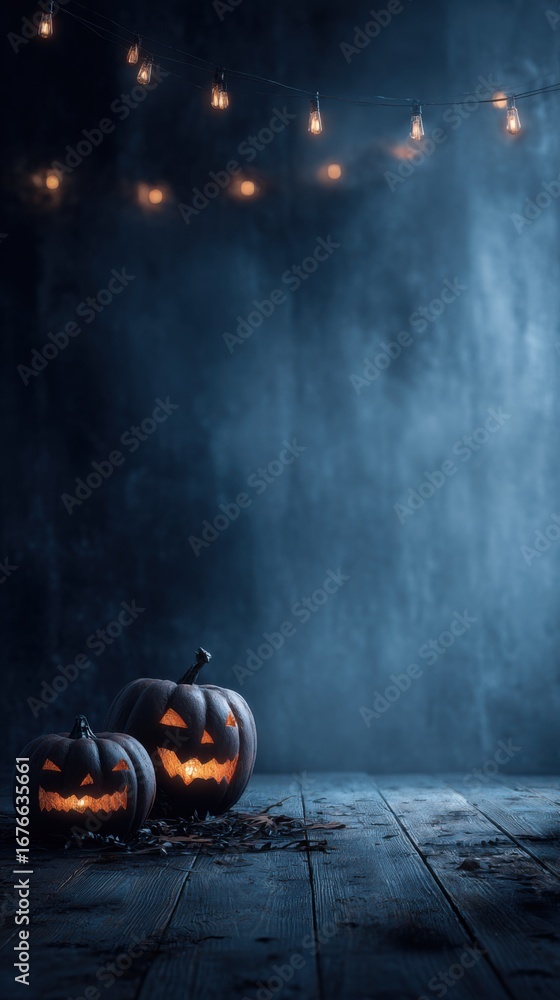 Poster a spooky halloween scene featuring carved pumpkins with glowing faces and soft light strings creatin