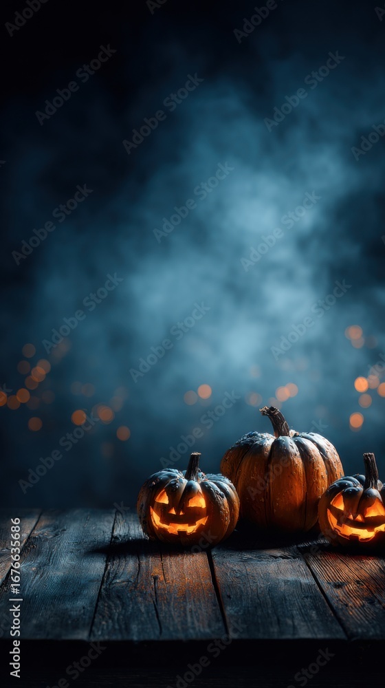 Poster glowing jack-o'-lanterns on rustic wooden table surrounded by mysterious mist and faint bokeh lights