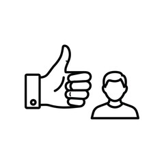 Approval and Human Figure Icon: A simplified graphic depicting a human figure alongside a hand giving a thumbs-up sign, symbolizing approval, agreement, or a positive rating. 