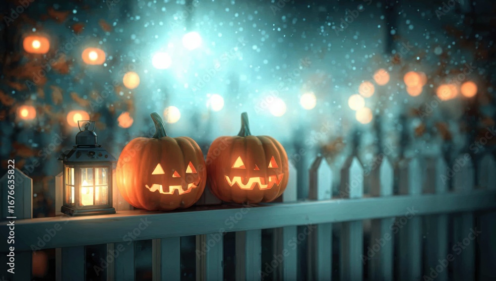 Poster a spooky halloween night scene featuring two glowing jack-o'-lanterns on a fence with atmospheric bo