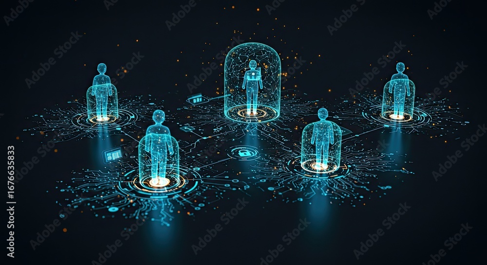 Poster futuristic digital network connects glowing human avatars in a secure data flow, symbolizing global 