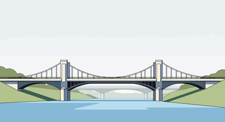 Obraz premium Stylized double suspension bridge with arched underpass over calm blue water
