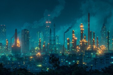 City night scene with fossil fuel ad and dark hydrogen plant highlights energy dominance. Project cancellations. High costs and unrealistic ambitions lead to green hydrogen industry reassessment.