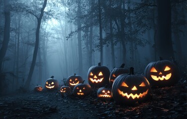 Enchanted Halloween Forest Filled with Glowing Pumpkins, Eerie Shadows, and Mystical Fog Evoking Spooky Atmosphere for Nighttime Celebrations