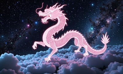 Fototapeta premium Mystical pink dragon glowing brightly amidst ethereal clouds and starry night sky