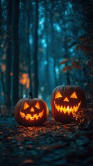 Fototapeta premium Enchanted Forest Scene Featuring Two Spookily Carved Jack-o'-Lanterns Illuminated with Warm Glow in an Atmospheric, Moonlit Setting