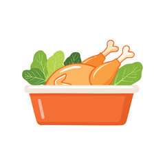 Roasted chicken legs with green leaves in serving dish food