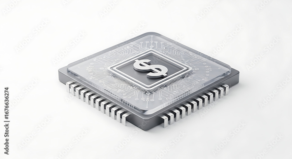 Poster close up of a computer chip with a dollar sign on it representing financial technology and automatio