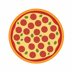 Round pepperoni pizza with basil and thick crust cheese
