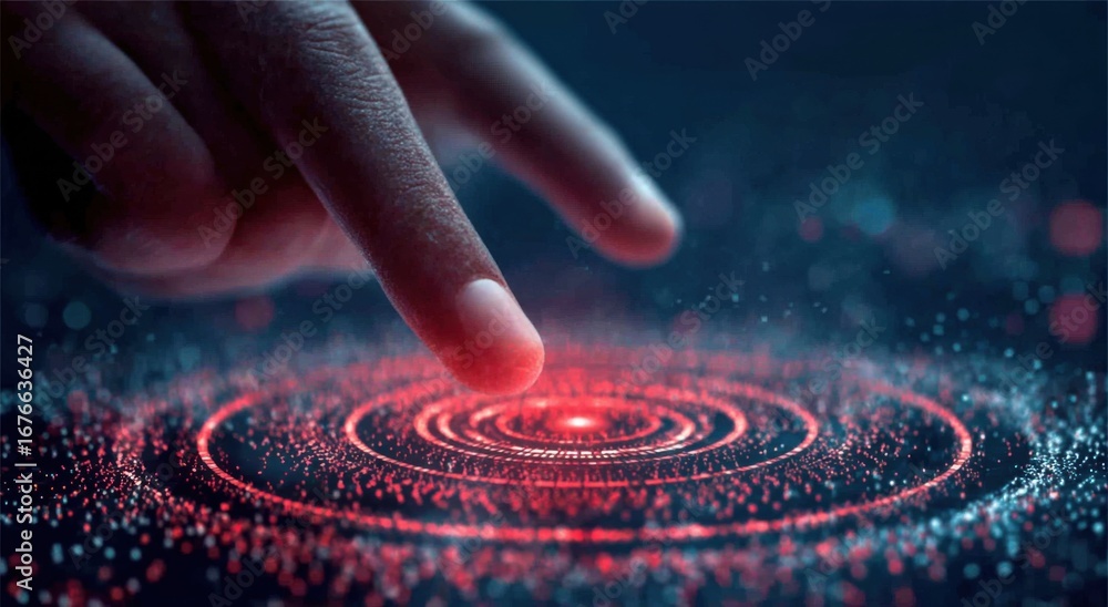 Poster a hand interacts with a glowing digital interface, sending ripples of vibrant red light across a dar