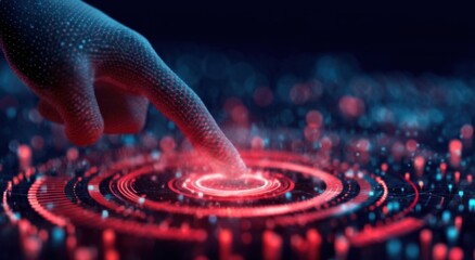 Futuristic Digital Interaction: A Close-Up of a Hand with a Glowing Finger Poised Over a Vibrant Circular Interface in a High-Tech Environment