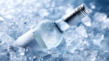 White wine bottle chilling on ice cubes with condensation