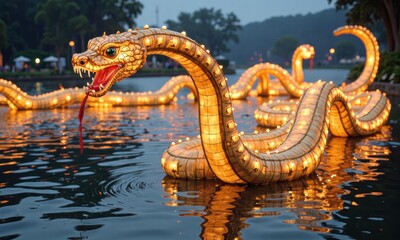 Fototapeta premium Spectacular illuminated dragon lantern floats majestically on calm water at night