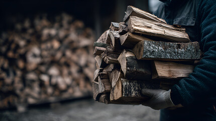 Lumberjack carrying firewood in arms in front of woodpile